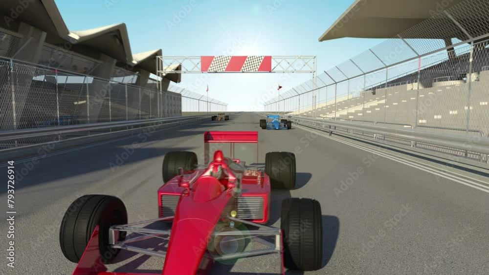 Wall mural high speed racing cars accelerating to finish the race. sports and car racing related 3d animation.