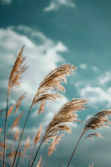 **the grass is growing against a blue sky, in the style of dark gray and bronze, exotic flora and fauna, voigtlander bessa r2m, dreamy and romantic compositions, light gray and dark amber, gongbi, nat