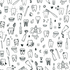 Tooth dental care vector line seamless pattern.