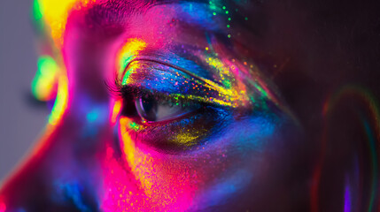 Close up, woman's face with a artistic rainbow color make-up. Beauty, Fashion, Cosmetics. Eye shadows, glitter, gradient, neon. Pride Festival, Carnival, Party, Fun. Diversity, Equality, Human Rights