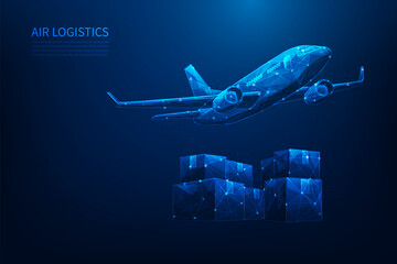 airplane global logistics delivery and cargo low poly wireframe. plane transport with parcel. vector illustration fantastic design on blue background.