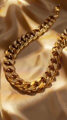 Obraz premium A luxurious 18k golden with stainless steel 316L cuban chain link necklace rests upon a background capturing the essence of wealth, style and elegance. Great as product design inspiration