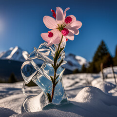 frozen pink flowers in the cold winter.