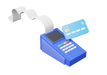 Pos terminal icon with receipt bill credit card online payments money transaction cashier customer service. on transparent background. Minimal cartoon style elements. 3d render. illustration