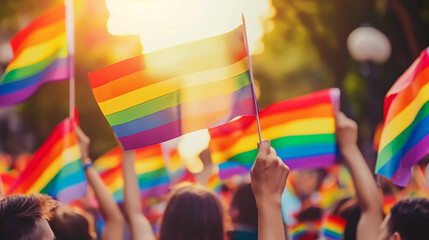 Rainbow Flags Waving over Joyful Crowd, Diverse People Celebrating LGBTQ+ Gay Pride Parade, City Street. Equality, Human Rights, Acceptance, Unity, Activism. Modern Society, Community, Party, Festival