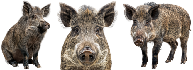 Wild boar collection, sitting, portrait and standing, animal bundle isolated on a white background