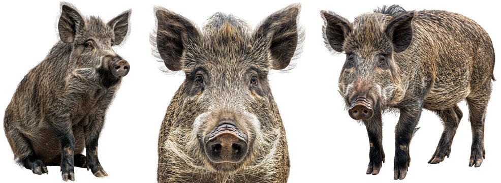 Wild boar collection, sitting, portrait and standing, animal bundle isolated on a white background