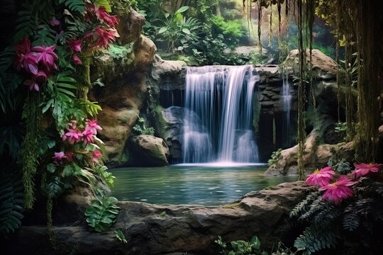 Tranquil Waterfall Garden Backgrounds: Serene Cascading Nature Scenes