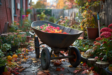 Wheelbarrow in the garden,
Large metal garden wheelbarrow loaded with fallen autumn foliage

 - obrazy, fototapety, plakaty
