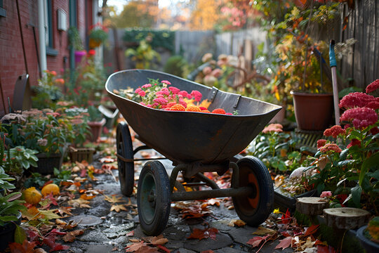 Wheelbarrow in the garden,
Large metal garden wheelbarrow loaded with fallen autumn foliage

