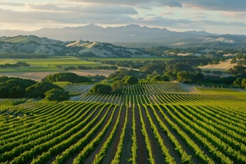 An aerial view of verdant vineyards stretching towards distant mountains, basking in the soft, golden light of sunset, capturing the essence of tranquility and natural beauty.