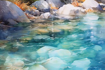 Tranquil River Stream Artwork: Crystal Clear Watercolor Textures