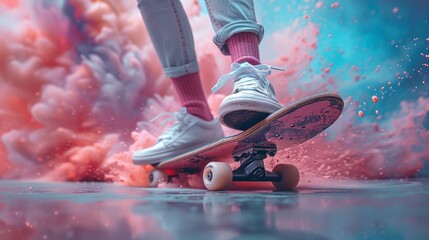 Vivid collage of a person on a skateboard with pink socks and white shoes against a dynamic blue and pink background - obrazy, fototapety, plakaty