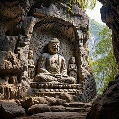 Fototapeta na wymiar Ancient stone Buddha carving nestled in tranquil mountain cave.
