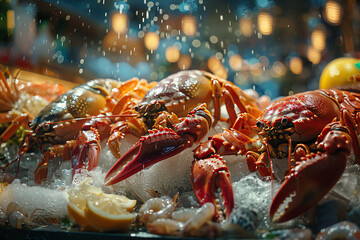 A vibrant display of fresh seafood at a bustling market, featuring live fish, crabs, and shrimps, captured in a documentary style with the dynamic energy of the scene highlighted in magazine-like.