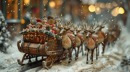 Enchanted winter night with a hand-carved wooden sleigh and reindeer in a snowy landscape - obrazy, fototapety, plakaty