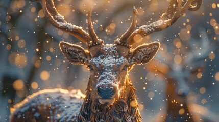 Majestic hand-carved wooden stag figurine in a snowy landscape with warmly lit cabin