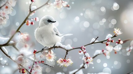 A small white bird is perched on a branch of a tree. The branch is covered in delicate pink blossoms. The background is a soft blur of snow.