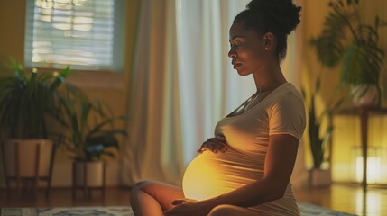 Gentle prenatal stretch unfolds in a serene room, as the future mother connects with her breath.