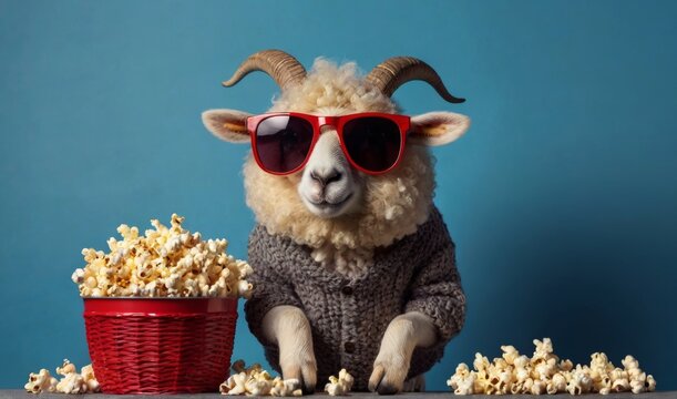 Funny hipster sheep with fashion sunglasses holds a red cup of cola and a basket of popcorn rest and watching a movie on a blue background. Creative idea, rest. Happy fun animal concept See Less