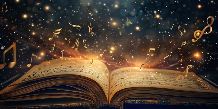 Open books overflowing with musical notes, mathematical equations and spinning galaxies. - Powered by Adobe