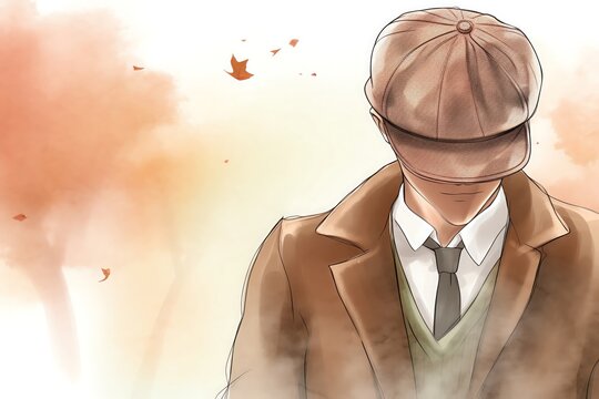 A closeup of a stylish flat cap paired with a tweed blazer, set against an autumnal park background, emphasizing classic fashion