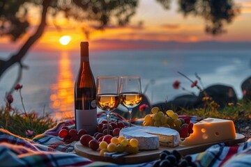 Romantic picnic with wine, cheese and a beautiful sunset.