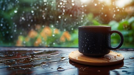 Cozy black coffee mug rests on wooden coaster offering