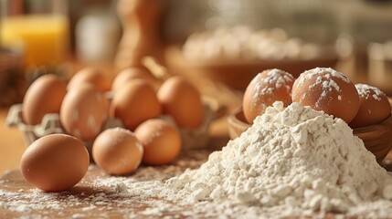 Fresh eggs nestle beside flour, with dairy products hinting at a recipe in progress.