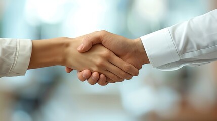 Firm handshake seals the deal between two professionals at a bright office.