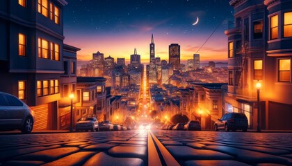 A street scene of San Francisco at dusk, that captures the city's glittering lights - obrazy, fototapety, plakaty