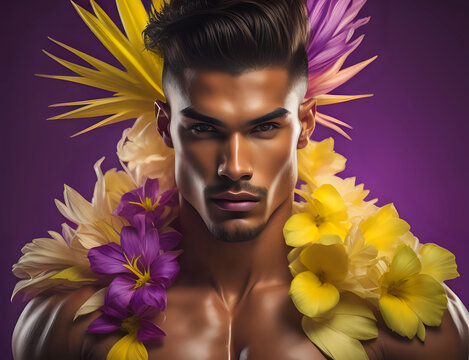 Männliches Model umgeben von Blüten