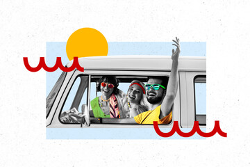 Creative picture collage young happy best friends vehicle drive car go vacation trip travelers sunglasses sunny weather