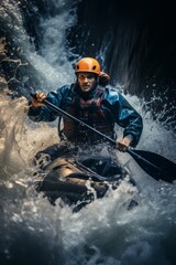 A man skillfully navigates his kayak down a river, surrounded by turbulent whitewater. He steers and paddles through the rushing water with expertise