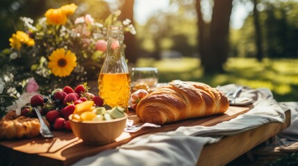 A golden croissant rests alongside a vibrant bowl of fresh fruit on a wooden table