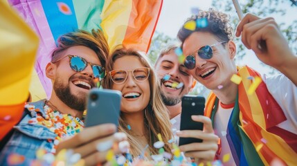 A group of people are taking a selfie with rainbow flags and cell phones