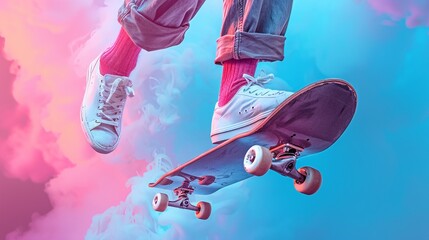 Vivid collage of a person on a skateboard with pink socks and white shoes against a dynamic blue and pink background