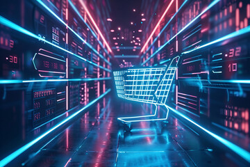 3D rendering of a digital shopping cart in a neon-lit virtual corridor