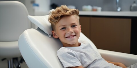 A little boy having his teeth examined in a dental clinic. The child visits the dentist. The child is sitting in the dental chair.