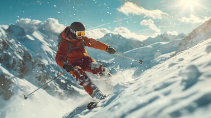 Adventure on the slopes as an alpine skier takes a daring jump against a mountain backdrop