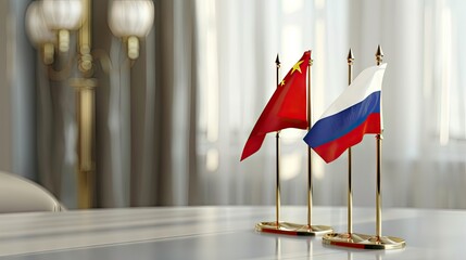Two flags of Russia and China were placed on the table in front of a white background. A gold stand holds both flags, creating an elegant display