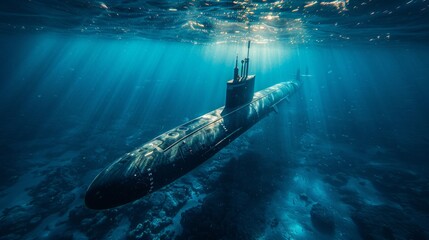 Stealthy submarine cruises ocean's surface, half-hidden in the watery depths.