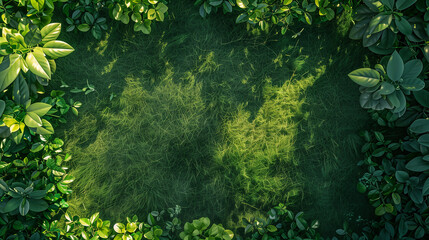 Sunlit forest floor with lush green leaves and delicate grass textures. Empty green border frame. Background for design with empty copy space. Generative AI - obrazy, fototapety, plakaty