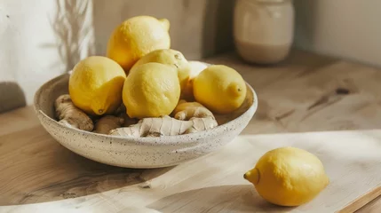 Fotobehang Healthy food photography background - Fresh ginger root and lemons in bowl on rustic wooden table in kitchen © Corri Seizinger