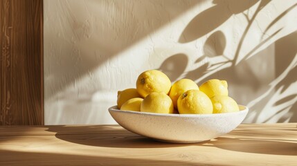 Healthy food photography background - Fresh lemons in bowl on rustic wooden table in kitchen