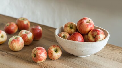 Healthy food photography background - Fresh apples in bowl on rustic wooden table in kitchen
