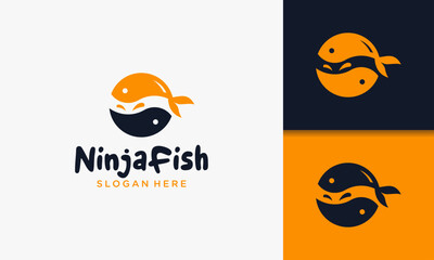 Illustration vector graphic of creative ninja warrior with fish logo unique. Simple serious ninja head logo.