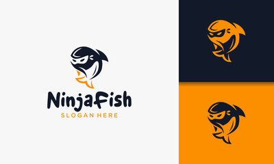 Illustration vector graphic of creative ninja warrior with fish logo unique. Simple serious ninja head logo. © santerabos