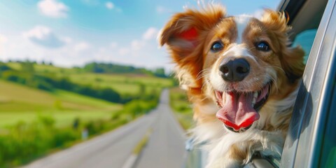 A happy dog hanging out of the window on an open road on car, tongue lolling in excitement