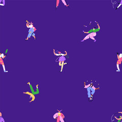 Seamless carnival pattern. Festival background with circus artists, acrobat, clown, harlequin, juggler, carnaval characters. Endless holiday print for fabric, wrapping design. Flat vector illustration